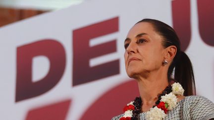 Claudia Sheinbaum, candidate à la présidence du Mexique, s'exprime lors d'un meeting politique dans l'Etat de Tlaxcala, le 11 mai 2024, au Mexique. (CARLOS SANTIAGO/ SIPA)