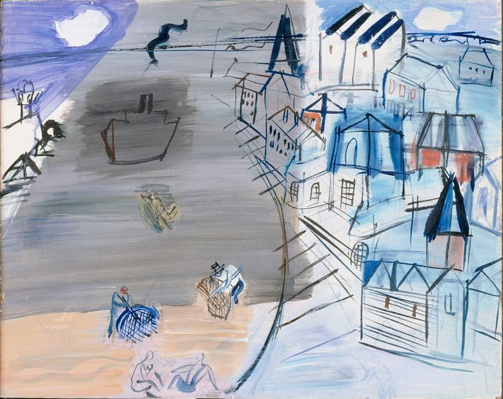 Raoul DUFY (1877-1953),&nbsp;Cargo noir à Sainte-Adresse, vers&nbsp;1948-1952, huile sur panneau d’isorel, 40,4&nbsp;x&nbsp;51&nbsp;cm. Cahors, musée Henri-Martin, dépôt du Centre Pompidou-MNAM/CCI, Paris, legs de Mme Raoul Dufy, 1963. (© Photo CNAC/MNAM Dist. RMN - Jean-François Tomasian © Adagp, Paris 2019)