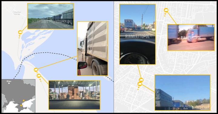 A&nbsp;gauche, trois images documentent l'arrivée de camions au checkpoint de Djankoï, près de la frontière entre la région ukrainienne de Kherson et la Crimée.&nbsp;A droite, trois vidéos montrent des convois de camions-bennes dans la ville de Melitopol (Ukraine) qui prennent la direction du Sud, vers la Crimée. (TELEGRAM / GOOGLE MAPS / REVELATEURS FTV)