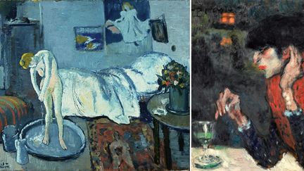 Pablo Picasso : à gauche, "La Chambre bleue", Washington, Phillips Collection - A droite, "La Buveuse d'absinthe", 1901, Paris, collection particulière, en dépôt au musée d'Orsay, service presse Musée d'Orsay
 (A gauche © Photo The Phillips Collection, Washington, D.C. © Succession Picasso 2018 - A droite © Musée d’Orsay, Dist. RMN-Grand Palais / Patrice Schmidt © Succession Picasso 2018)