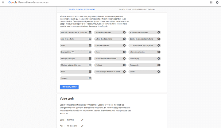 Google génère, en fonction de votre activité, un profil&nbsp;pour mieux cibler les publicités qui s'affichent sur vos écrans. (GOOGLE)