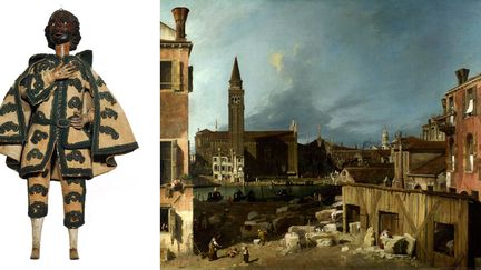 A gauche, Bighella, marionnette, anonyme, XVIIIe siècle, Venise, Fondazione Musei Civici di Venezia, casa di Carlo Goldoni - A droite, Giovanni Antonio Canal, dit Canaletto, "Le Campo San Vidal et Santa Maria Della Carità ou l'Atelier des tailleurs de pierre à San Vidal", v.1725, Londres, The National Gallery, don de George Beaumont
 (A gauche © Archivio Fotografico - Fondazione Musei Civici di Venezia - A droite Photo © The National Gallery, Londres, Dist. Rmn-Grand Palais / National Gallery)