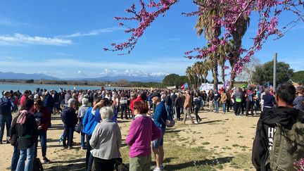 4 000 personnes étaient réunies à la mi-journée samedi 16 mars à Villeneuve-de-la-Raho pour protester contre un projet de golf. (Clothilde Jupon / RADIO FRANCE)