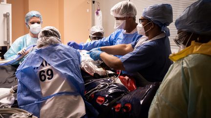 Des soignants s'occupent d'un malade du Covid-19 à l'hôpital de Pointe-à-Pitre, le 3 septembre 2021. (CARLA BERNHARDT / AFP)