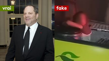 Harvey Weinstein (à gauche) et une jeune femme censée avoir consommé une drogue de synthèse qui rend cannibale (à droite). (MAXPPP - CAPTURE D'ECRAN)