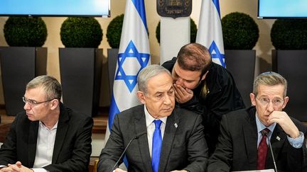 Israeli Prime Minister Benjamin Netanyahu at the Israeli Ministry of Defense in Tel Aviv on December 24, 2023. (OHAD ZWIGENBERG / AFP)