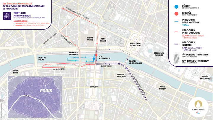 Le tracé du parcours du triathlon paralympique des Jeux de Paris en 2024, qui se déroulera, pour les épreuves individuelles, les 1er et 2 septembre. (Paris2024)