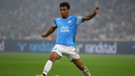 Le milieu de l'Olympique de Marseille&nbsp;Boubacar Kamara, lors du match contre Strasbourg, le 21 mai 2022, au stade Vélodrome. (SYLVAIN THOMAS / AFP)