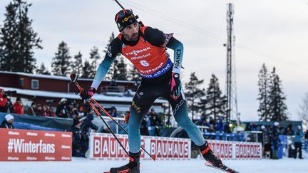 Martin Fourcade, au Championnat du monde de biathlon à Ostersund (Suède), le 10 mars 2019. (JONATHAN NACKSTRAND / AFP)