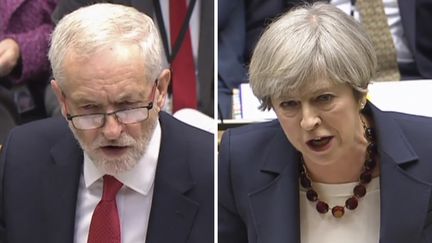 La Première ministre britannique, Theresa May (à droite), et son rival travailliste pour les législatives, Jeremy Corbyn.&nbsp; (AFP)