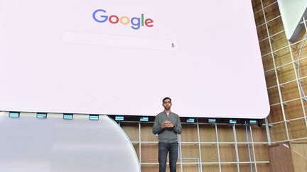 Le patron de Google, Sundar Pichaï, lors d'une keynote à Mountain View (Californie), le 7 mai 2019. (JOSH EDELSON / AFP)