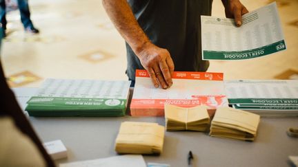 Un électeur prend des bulletins de vote pour les régionales et départementales, le 20 juin 2021, à Paris. (DELPHINE LEFEBVRE / HANS LUCAS / AFP)