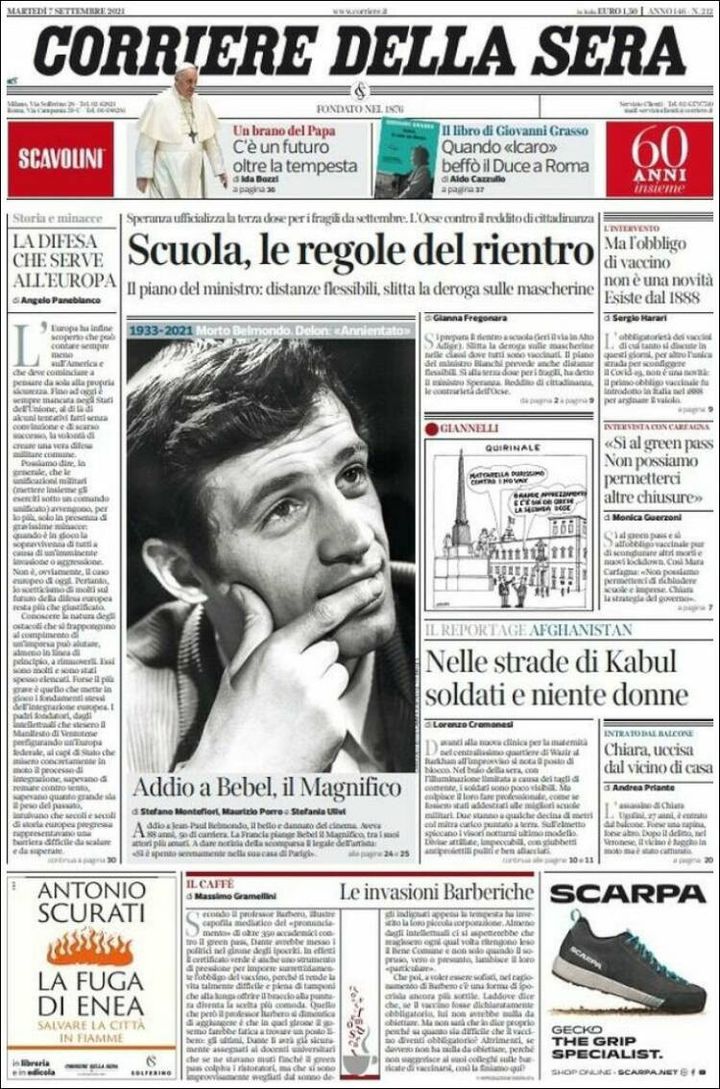 La une du "Corriere della Sera", le 7 septembre 2021. (CORRIERE DELLA SERA)