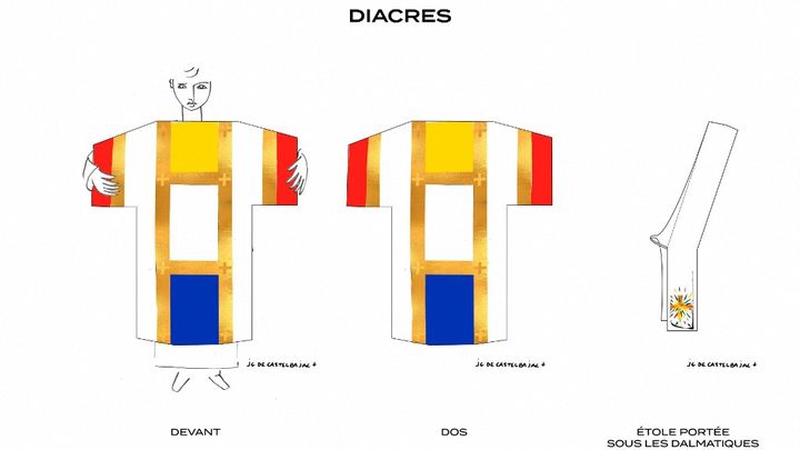 Modèle de Chasuble signé Jean-Charles de Castelbajac pour les célébrants lithurgiques de Notre-Dame de Paris (2024). (HANDOUT / JEANCHARLESDECASTELBAJAC+)