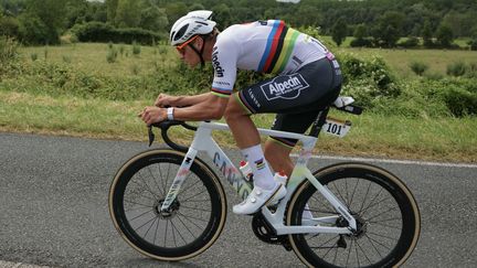 Le champion du monde Mathieu van der Poel sur la 10e étape du Tour de France, le 9 juillet 2024 entre Orléans et Saint-Amand-Montrond.  (THOMAS SAMSON / AFP)