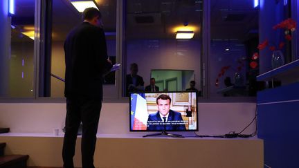 Allocution d'Emmanuel Macron, le 12 mars 2020. (LUDOVIC MARIN / AFP)