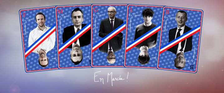 Les hommes qui ont bâti le programme d'Emmanuel Macron : de gauche à droite, Marc Ferracci, Philippe Martin, Jean Pisani-Ferry, Quentin Lafay, Didier Casas. (ANSELME CALABRESE / FRANCEINFO)