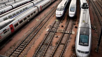 Des trains à l'arrêt sur les voies près de la gare de Lyon, à Paris le 4 avril 2018.&nbsp; (CHRISTOPHE SIMON / AFP)