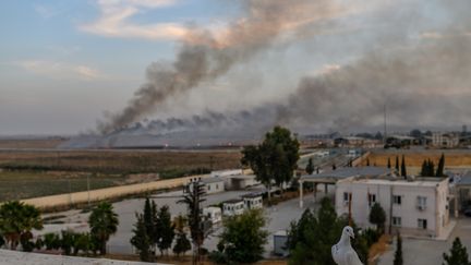 Un panache de fumée s'élève de la ville syrienne de&nbsp;Tal Abyad, jeudi 10 octobre 2019, au lendemain du début de l'offensive turque contre les forces kurdes. (BULENT KILIC / AFP)