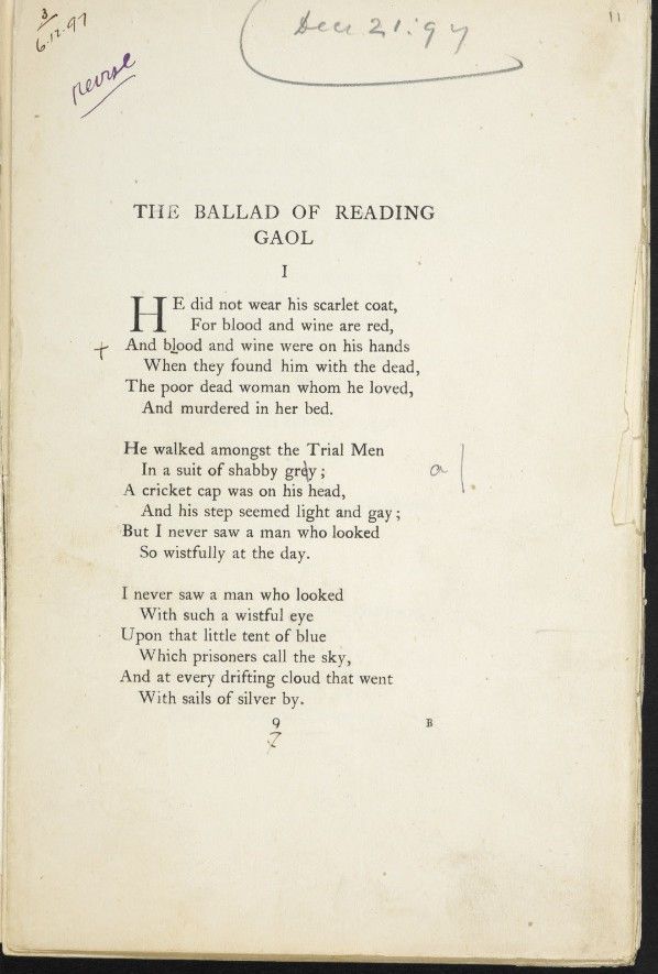 "La Ballade de la geöle de Reading" annotée.
 (Photo ©The British Library Board, courtesy of Artangel.)