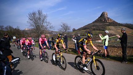 Le peloton de Paris-Nice sur la route de Chiroubles le 10 mars 2021 (ANNE-CHRISTINE POUJOULAT / AFP)