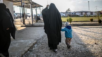 Une femme française et son enfant ayant fui le dernier bastion de l'organisation jihadiste Etat islamique en Syrie, le 17 février 2019 dans le camp d'al-Hol (Syrie).&nbsp; (BULENT KILIC / AFP)