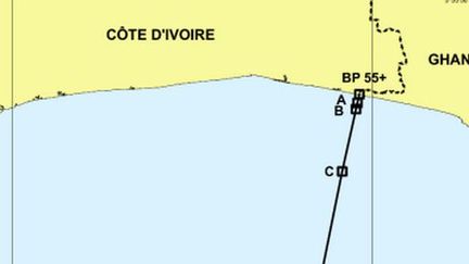 La frontière maritime entre la Côte d'Ivoire et le Ghana telle que délimitée par le Tribunal international du droit de la mer, le 23 septembre 2017.