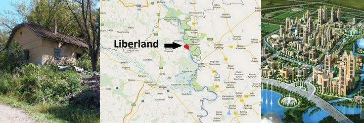 Le Liberland, entre réalité et utopie, entre Croatie et Serbie... A gauche, la seule habitation du pays ; à droite, une vision de la capitale, Liberpolis. (Facebook, Google Maps)