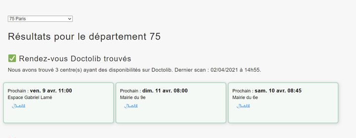 Les résultats fournis par "Vite ma dose" lors d'une recherche effectuée le 2 avril 2021 pour un rendez-vous à Paris. (COVID TRACKER)