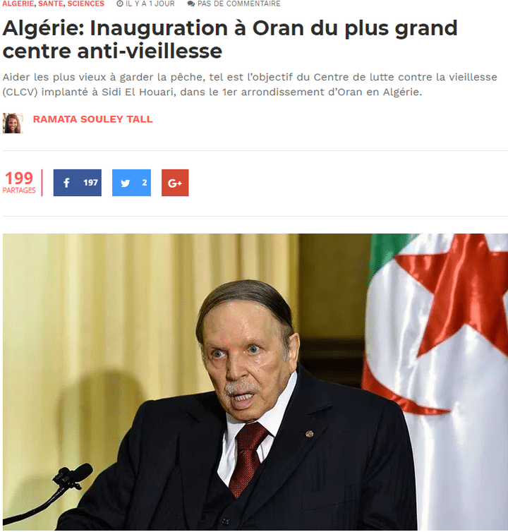 Article du site satirique sur un «centre de lutte contre la vieillesse en Algérie». (Capture d&#039;écran )