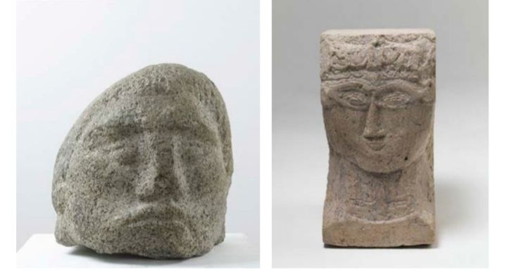 Ossip Zadkine (1888-1967), "Tête héroïque", 1909-1910 et Amedeo Modigliani (1884-1920), "Tête de femme", 1911-1913. (ERIC EMO / MUSEE ZADKINE)