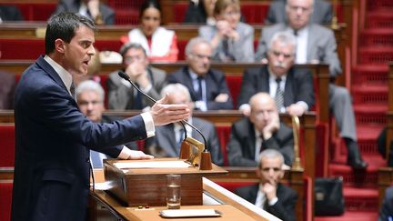 Manuel Valls, lors de son discours de politique g&eacute;n&eacute;rale devant l'Assembl&eacute;e nationale, le 8 avril 2014.&nbsp; (ERIC FEFERBERG / AFP)