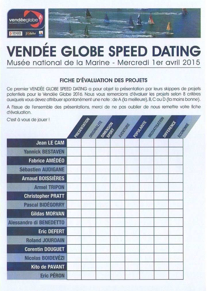 La fiche d'&eacute;valuation des skippers lors du Speed Dating du Vend&eacute;e Globe, le 1er avril 2015. (AGENCE MER & MEDIA)