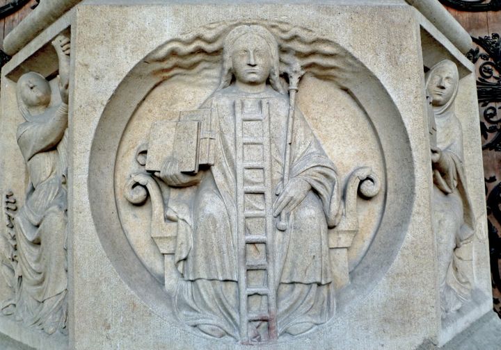 Medallion representing the goddess Cybele on the facade of Notre-Dame de Paris cathedral.  (JEREMIE LAURENT-KAYSEN)