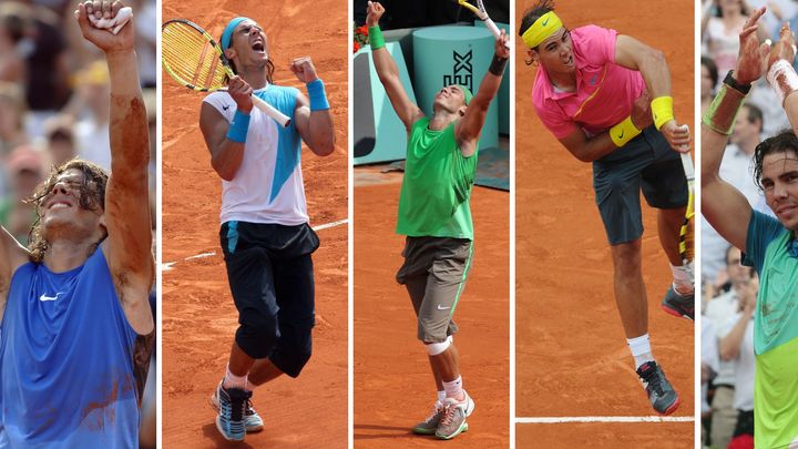 Les tenues de Rafael Nadal &agrave; Roland-Garros, de 2005 &agrave; 2011.&nbsp; (MONTAGE AFP)