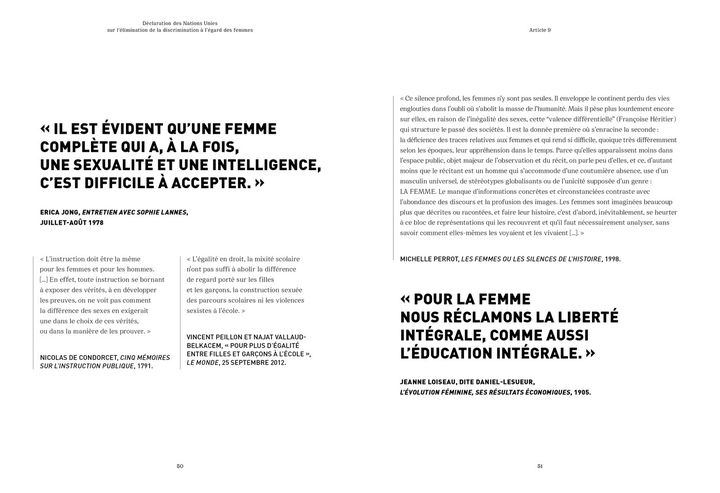 Page de citations de l'ouvrage "Déclaration des droits des femmes illustrée". (EPA)