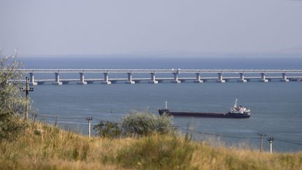 Un cargo traverse le détroit de Kertch, en Crimée, le 25 juillet 2023. (STRINGER / ANADOLU AGENCY / AFP)