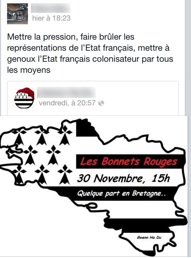 Capture d'&eacute;cran d'un message post&eacute; sur un groupe Facebook de "Bonnets rouges" bretons, en novembre 2013. (SALOME LEGRAND / FRANCETV INFO)