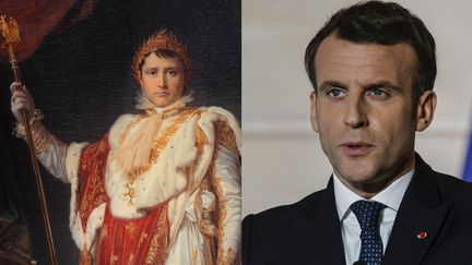 Le président Emmanuel Macron au Conseil de l'Europe, 25 février 2021 et un portrait de Napoléon (1769-1821), par Francois Gerard, (1770-1837), iMusée National du Chateau de Fontainebleau (THOMAS COEX / AFP)