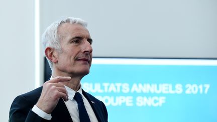 Le président de la SNCF, Guillaume Pepy, lors d'une conférence de presse, le 27 février 2018, au siège du groupe à Saint-Denis (Seine-Saint-Denis). (ERIC PIERMONT / AFP)