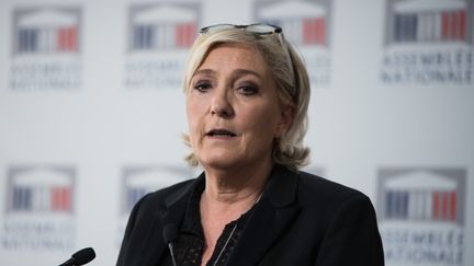 La présidente du Rassemblement national Marine Le Pen lors d'une conférence de presse à l'Assemblée nationale, à Paris, le 23 mai 2018. (MAXPPP)