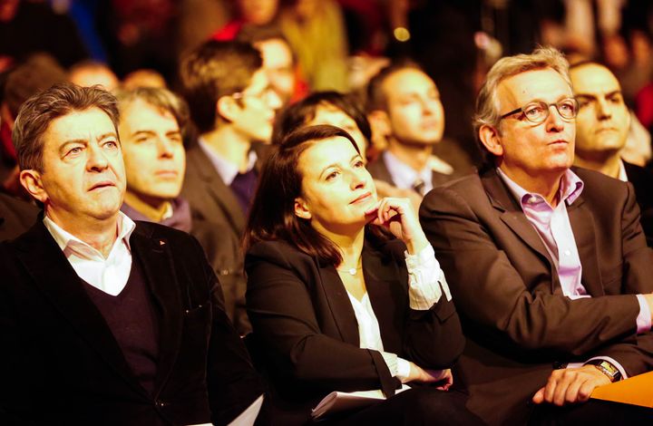 Pierre Laurent (secrétaire national du Parti communiste), l'écologiste Cécile Duflot et Jean-Luc Mélenchon lors d'un meeting à Paris, le 19 janvier 2015. (CITIZENSIDE / JALLAL SEDDIKI / AFP)