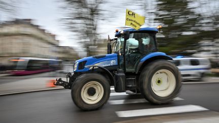 Un tracteur roule dans une rue avec un drapeau du syndicat "Coordination Rurale"  à Dijon, dans le centre-est de la France (photo d'illustration), le 29 mars 2024. (ARNAUD FINISTRE / AFP)