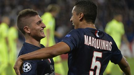 Marco Verratti et Marquinhos (PSG) tout sourire  (MIGUEL MEDINA / AFP)