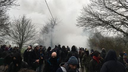 Quelques heures après le début de l'intervention des forces de l'ordre&nbsp;lundi à Notre-Dame-des-Landes, les&nbsp;zadistes&nbsp;sont repoussés&nbsp;par les gaz lacrymogènes et les grenades assourdissantes. (GREGOIRE LECALOT / RADIO FRANCE)