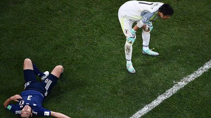 Le gardien japonais&nbsp;Eiji Kawashima face à la Belgique le 2 juillet 2018 à Rostov (Russie). (JEWEL SAMAD / AFP)