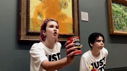 Deux militantes écologistes viennent de jeter de la soupe à tomate sur "Les Tournesols" de Van Gogh, à la National Gallery, à Londres, le 14 octobre 2022.&nbsp; (CAPTURE D'ECRAN TWITTER / JUST STOP OIL)