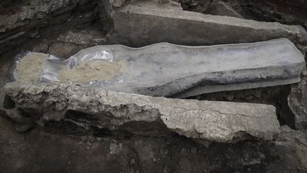 Le sarcophage en plomb mis au jour sous Notre-Dame de Paris, lors de fouilles archéologiques, le 15 mars 2022. (JULIEN DE ROSA / AFP)