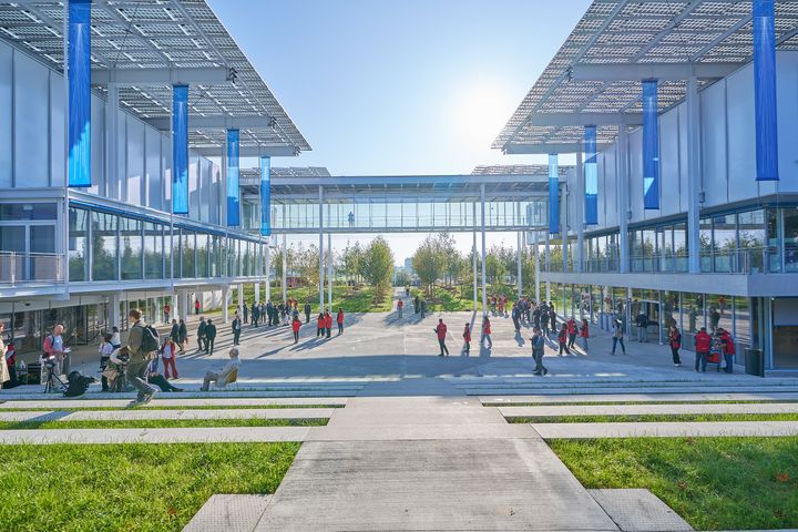 One of the gateways of the new Science Portal at CERN, near Geneva.  It allows you to move from one building to another.  Architect Renzo Piano designed this new visitor center like the ISS, the International Space Station.  (CERN)