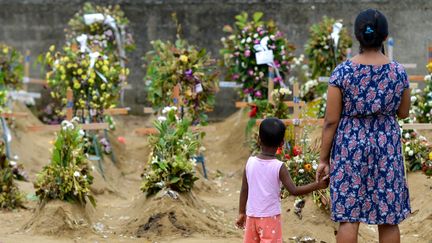 Une mère et son enfant se recueillent devant les tombes de victimes des attentats qui ont visé des églises à Negombo (Sri Lanka), le 28 avril 2019. (ISHARA S. KODIKARA / AFP)